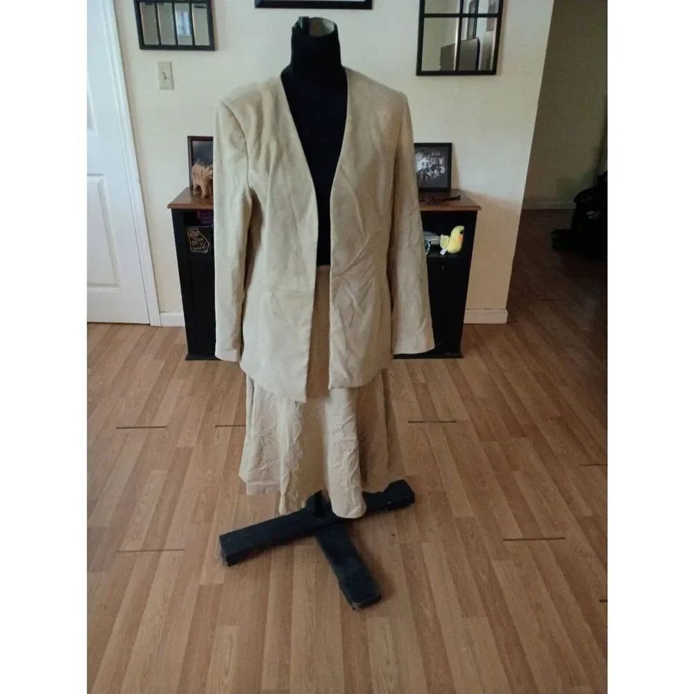 Talbots Tan Faux Suede 2pc Skirt Suit Set Open Front Midi Skirt Lined Size 12